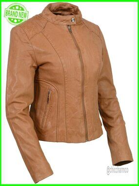 Women's Premium Leather Moto Jacket with Zipper Pockets and Lining